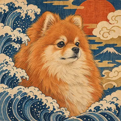 A Pomeranian drawn in our Woodblock print style