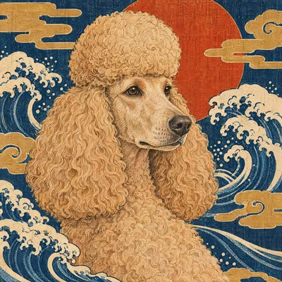 A Poodle drawn in our Woodblock print style