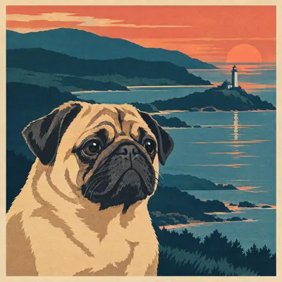 A Pug drawn in our National park poster style