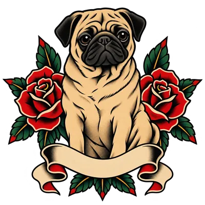 A Pug drawn in our Tattoo flash style