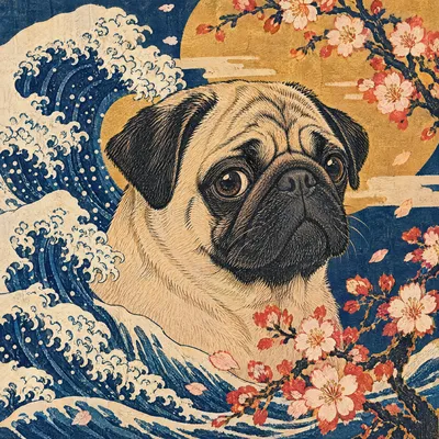 A Pug drawn in our Woodblock print style