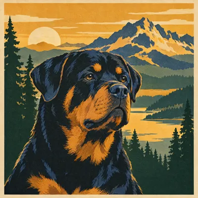 A Rottweiler drawn in our National park poster style