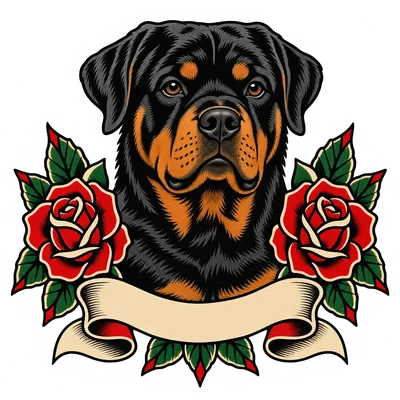 A Rottweiler drawn in our Tattoo flash style