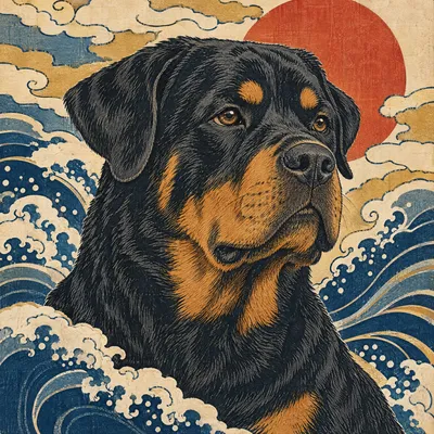 A Rottweiler drawn in our Woodblock print style