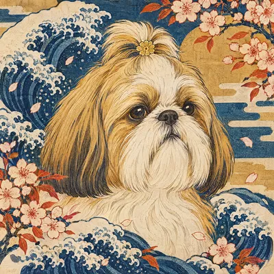 A Shih Tzu drawn in our Woodblock print style