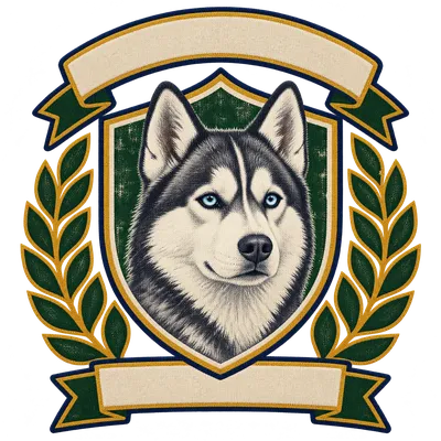 A Siberian Husky drawn in our Varsity crest style