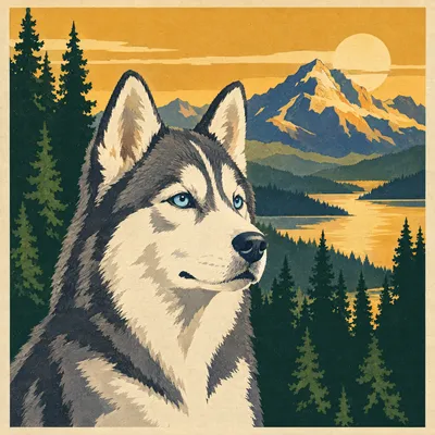 A Siberian Husky drawn in our National park poster style