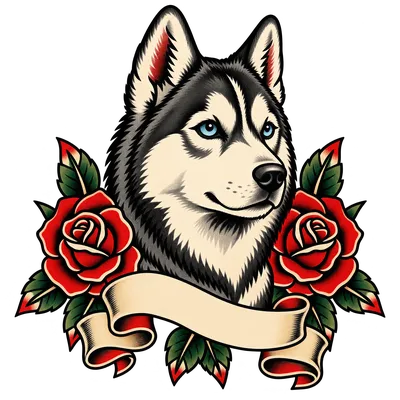 A Siberian Husky drawn in our Tattoo flash style