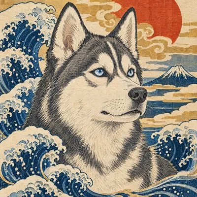 A Siberian Husky drawn in our Woodblock print style