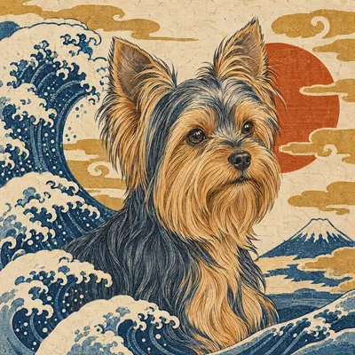 A Yorkshire Terrier drawn in our Woodblock print style