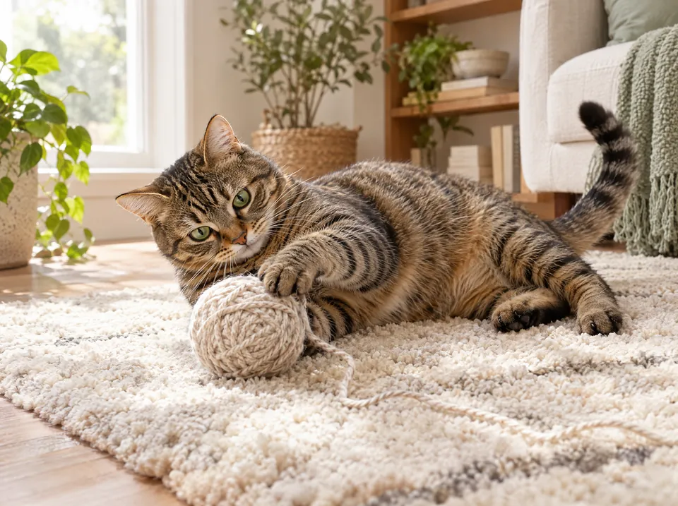A tabby cat on a rug by a sunny window, batting at a ball of yarn