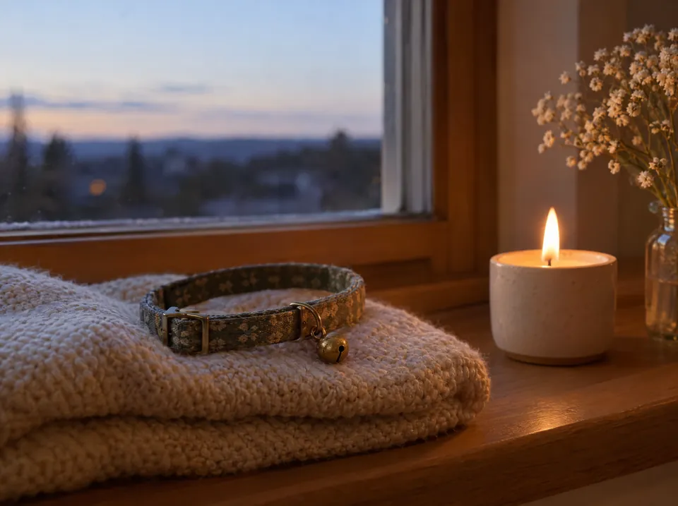 A slim cat collar with a small bell on a folded blanket by a window at dusk, a candle beside it