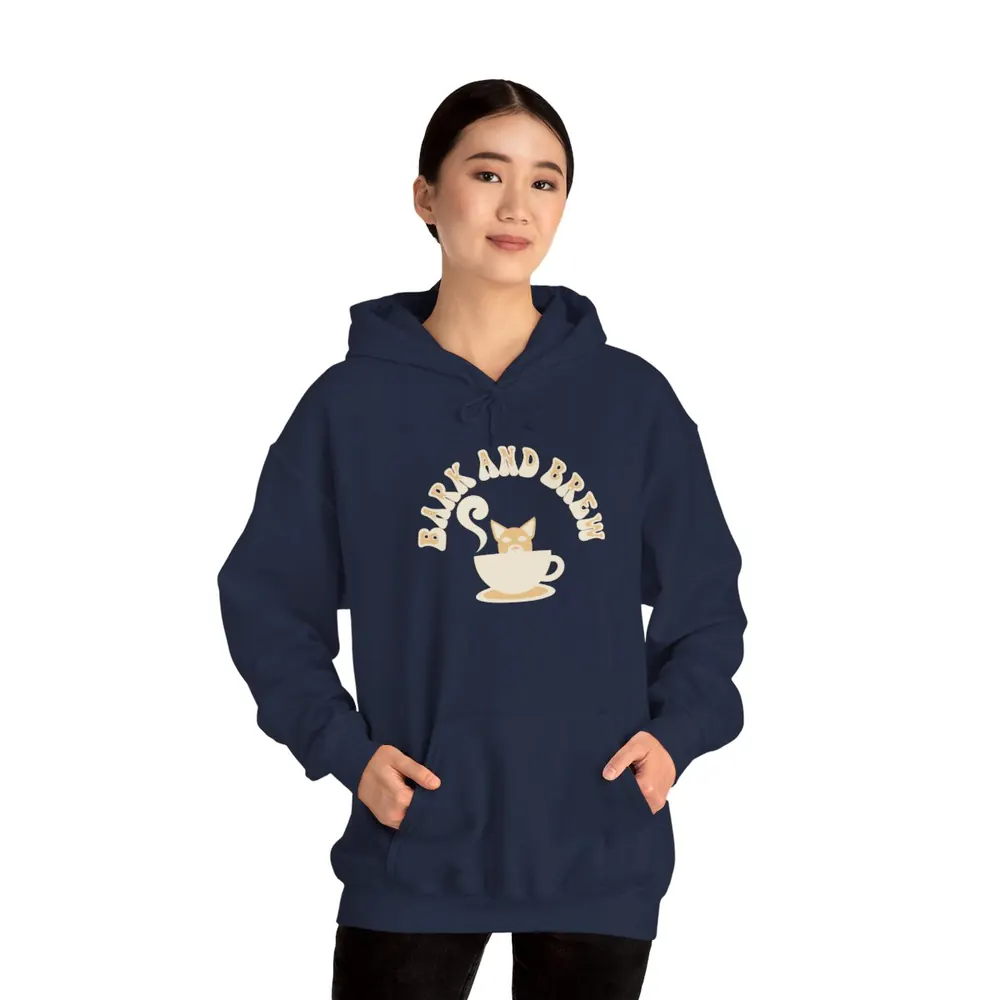 Model wearing the Bark and brew hoodie in Navy