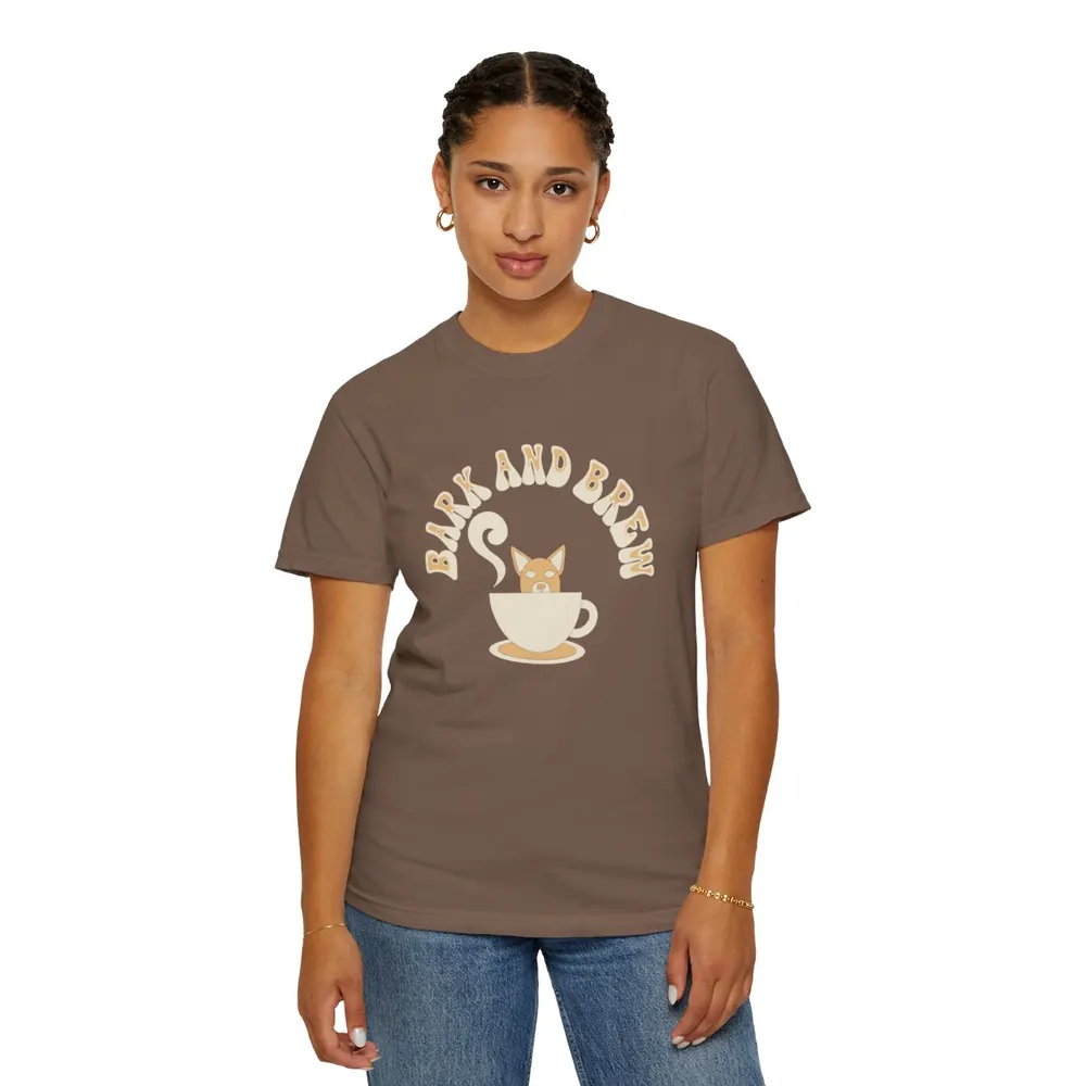 Model wearing the Bark and brew tee in Espresso