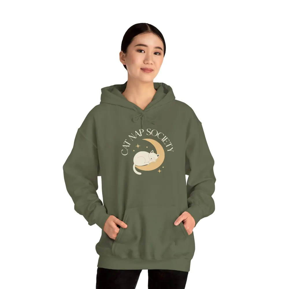 Model wearing the Cat nap society hoodie in Moss
