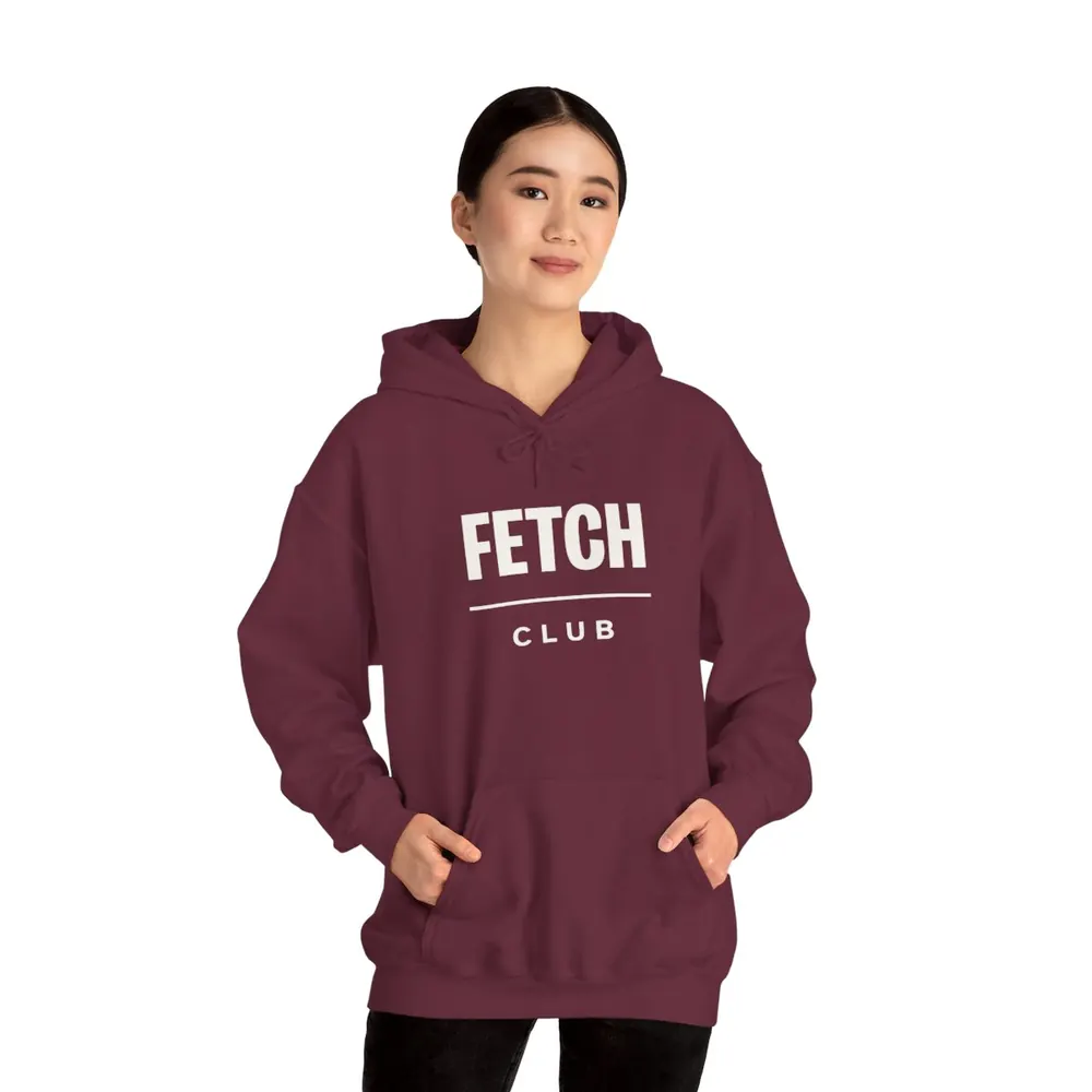 Model wearing the Fetch club lettering hoodie in Burgundy