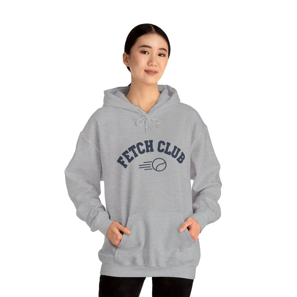 Model wearing the Fetch club varsity hoodie in Heather Gray