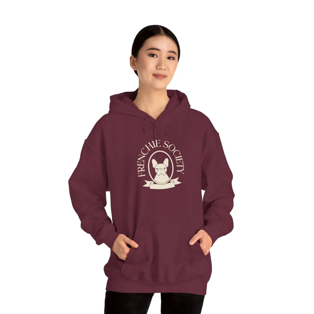Model wearing the Frenchie society hoodie in Burgundy