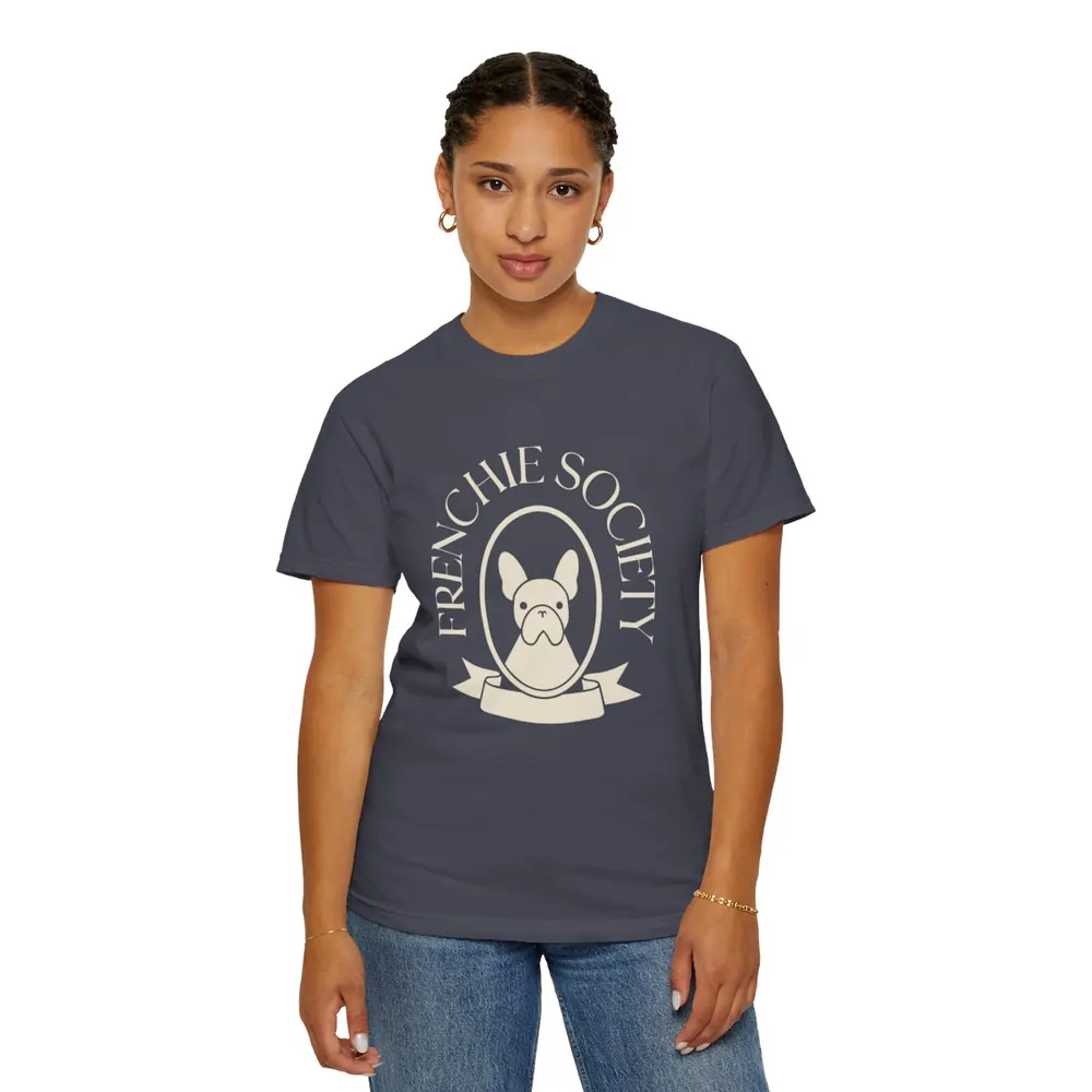 Model wearing the Frenchie society tee in Navy
