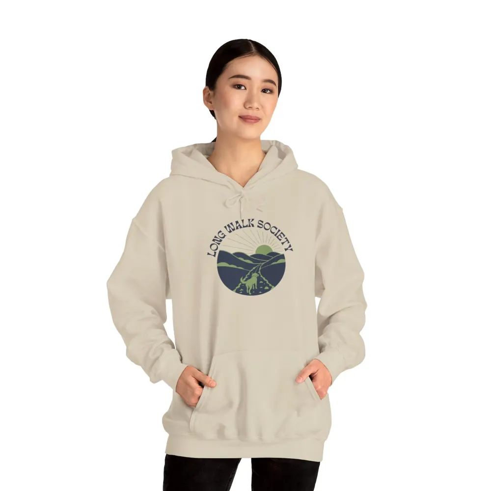 Model wearing the Long walk society hoodie in Bone