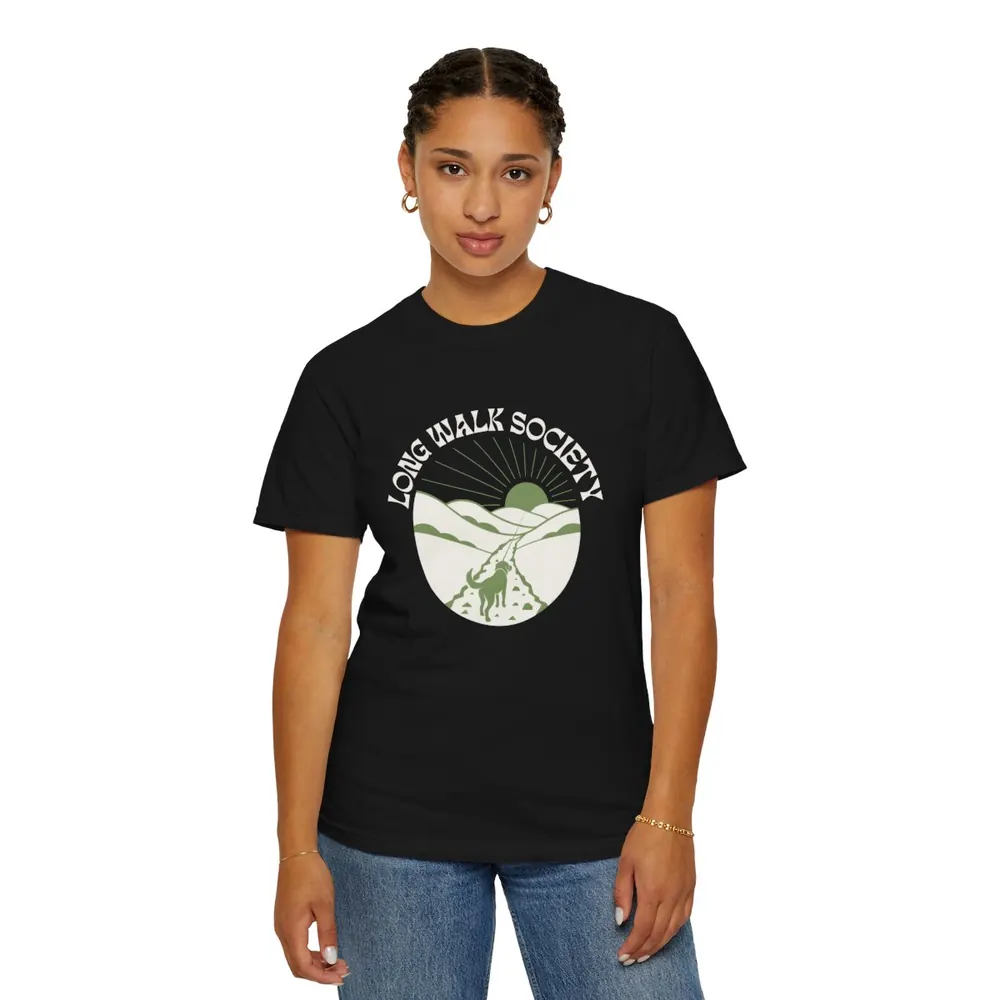 Model wearing the Long walk society tee in Black