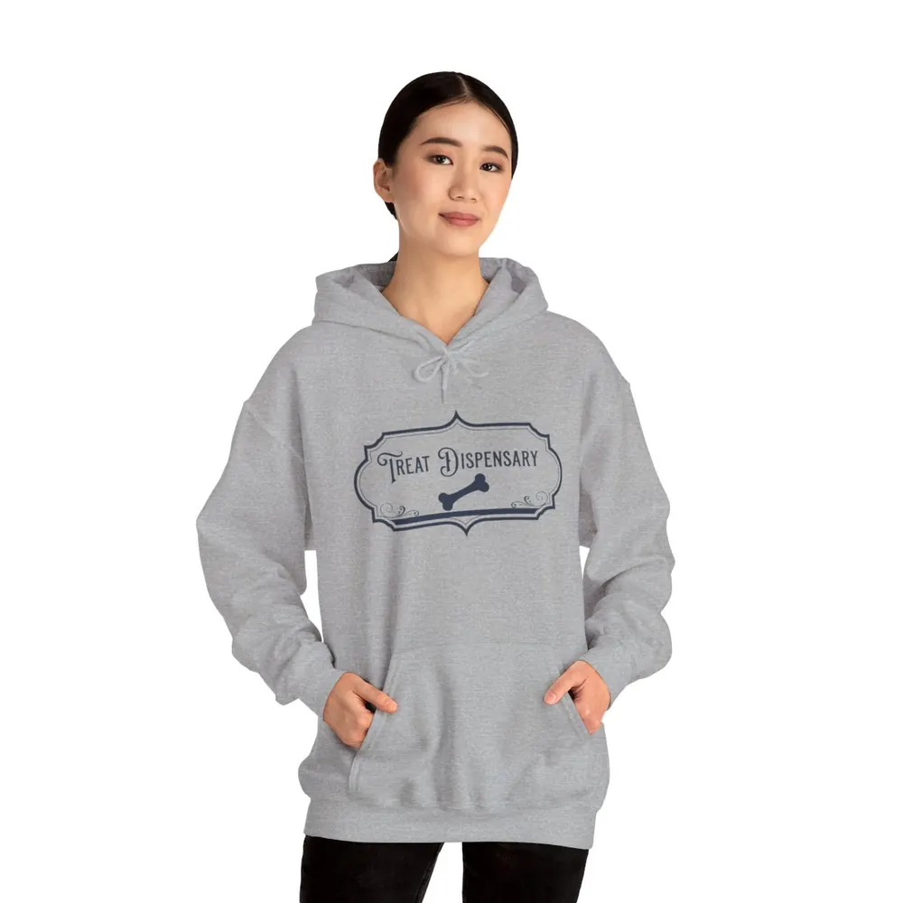 Model wearing the Treat dispensary hoodie in Heather Gray