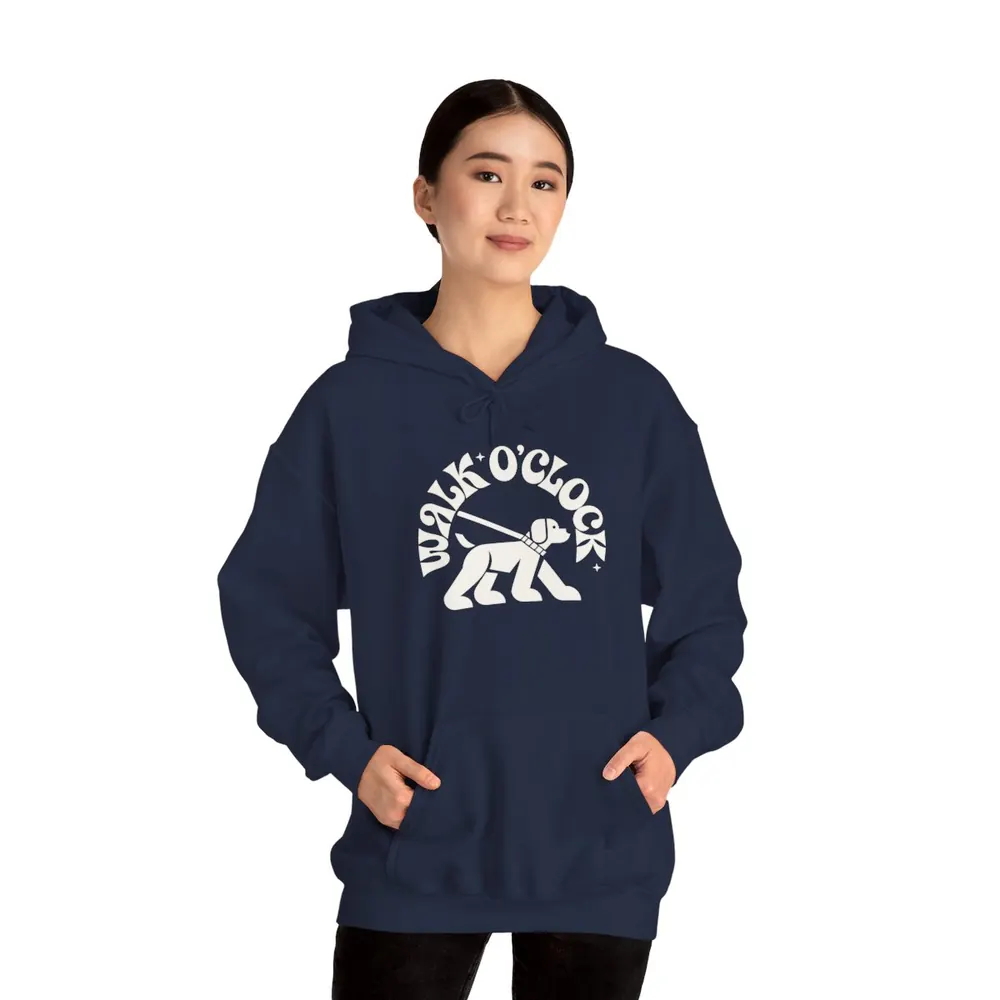 Model wearing the Walk o'clock hoodie in Navy