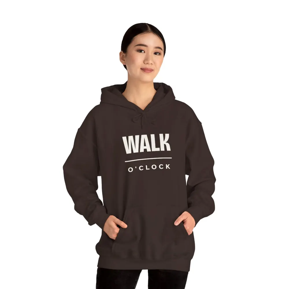 Model wearing the Walk o'clock lettering hoodie in Espresso