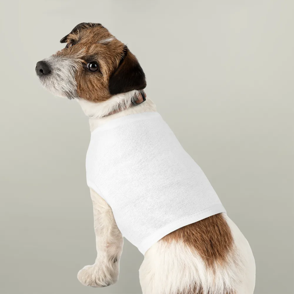 Jack Russell Terrier in a blank white tank top