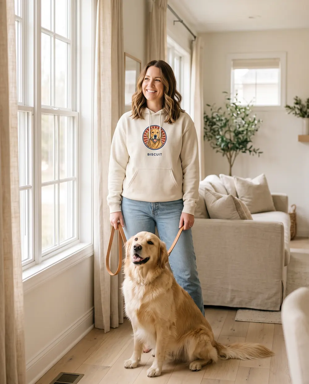 A woman wearing the hoodie by a window with a golden retriever
