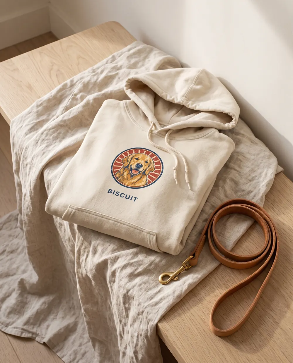 The hoodie laid flat on a linen throw beside a leash