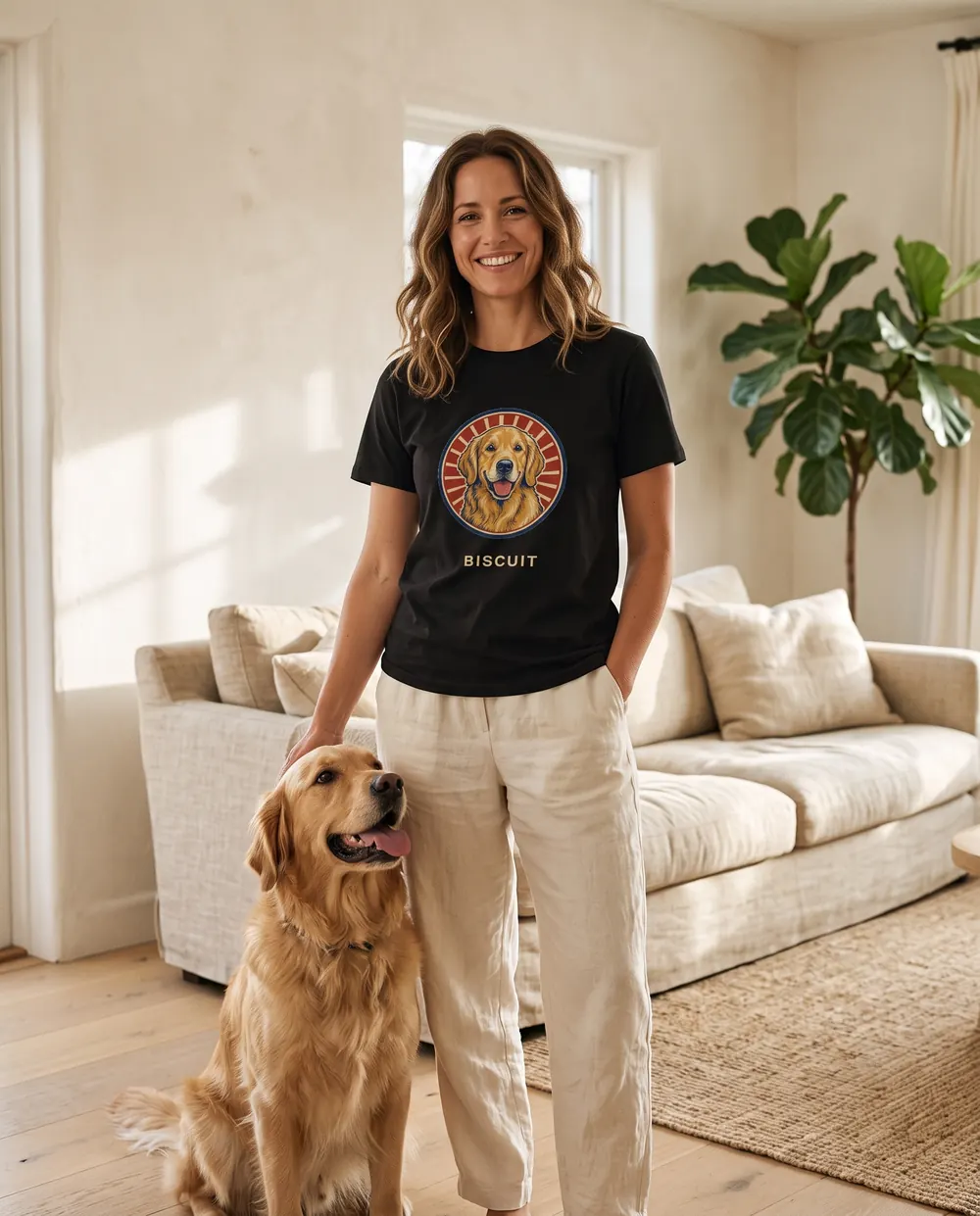 A woman wearing the tee at home with a golden retriever