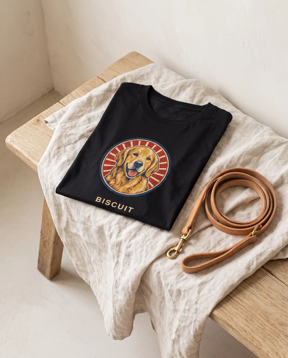The tee folded on a linen throw beside a leash