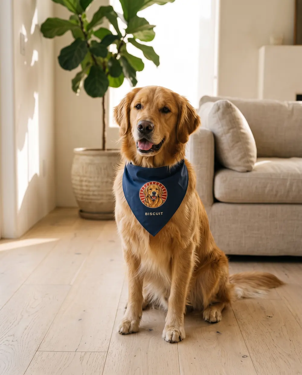 A golden retriever wearing the bandana