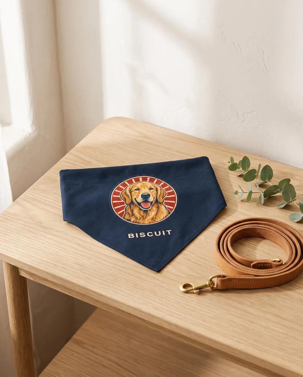 The bandana folded on a wood table beside a leash