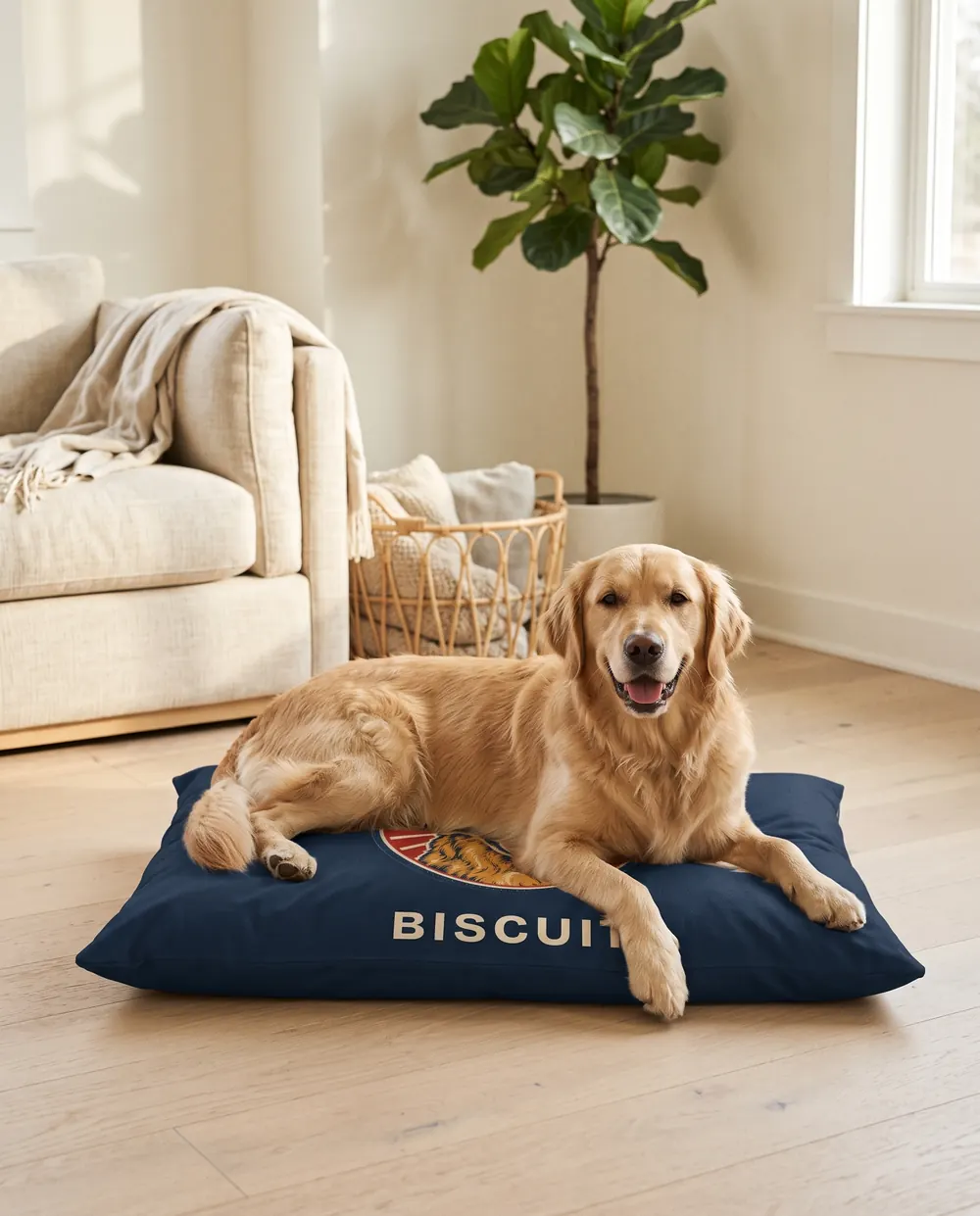 A golden retriever lying on the pet bed