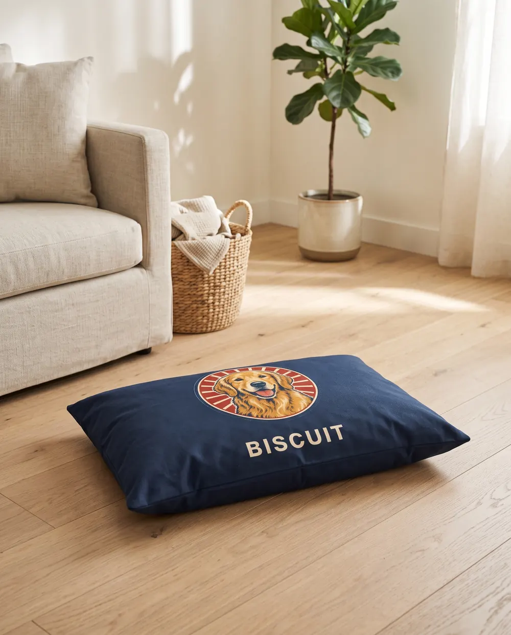 The pet bed on a wood floor in a sunlit living room