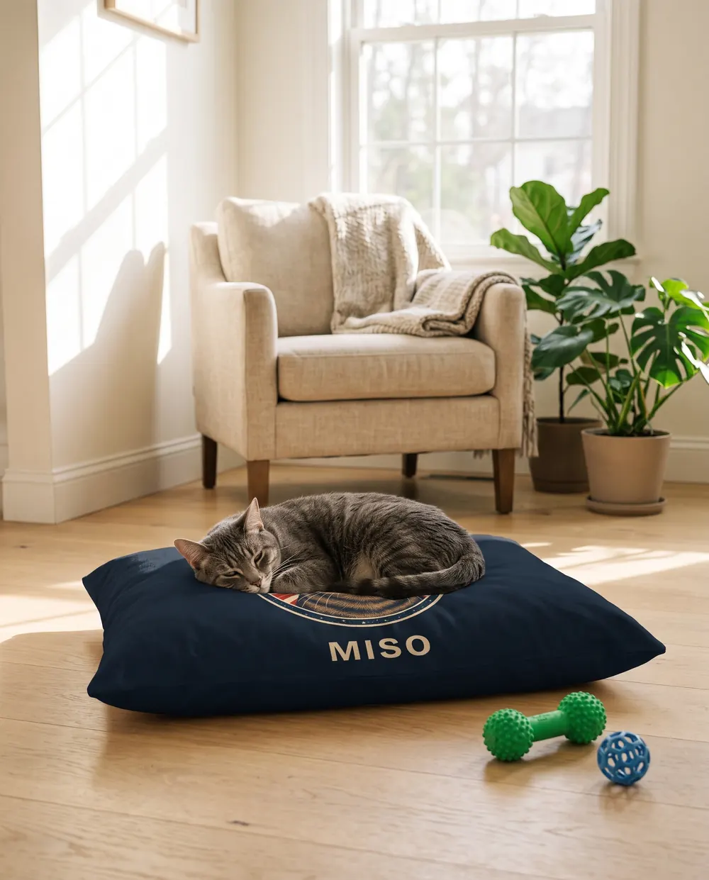 A tabby cat curled up on the pet bed