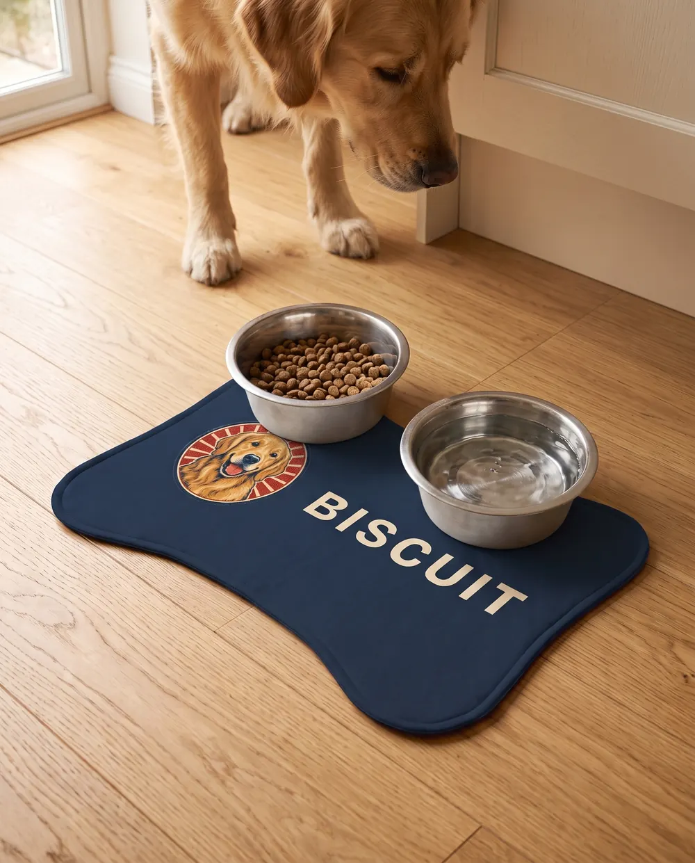The bone-shaped bowl mat on a kitchen floor with two plain steel bowls on it, a golden retriever drinking