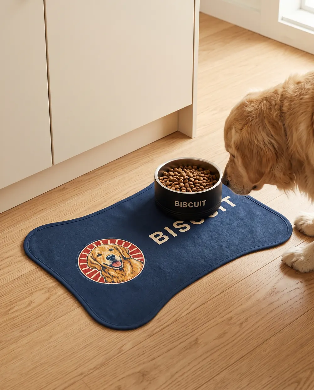 A golden retriever eating from a bowl on the bone-shaped bowl mat
