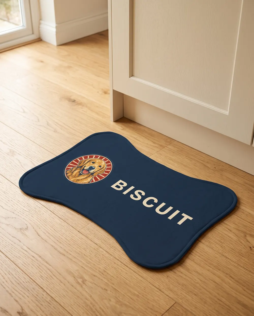 The bone-shaped bowl mat laid on a kitchen floor