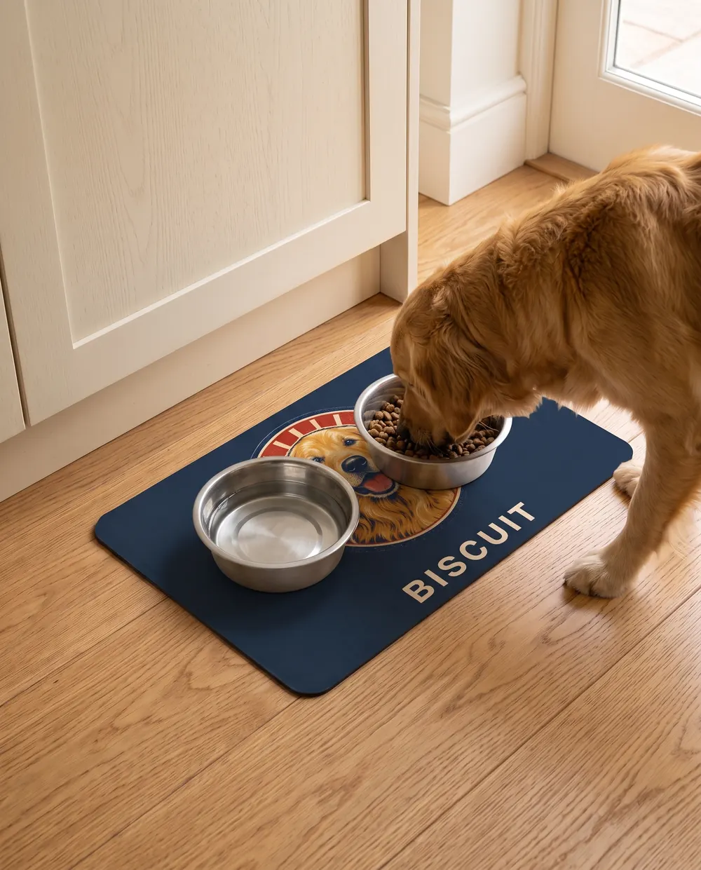 A golden retriever eating from a bowl on the 12 by 18 inch bowl mat, its name printed on the mat