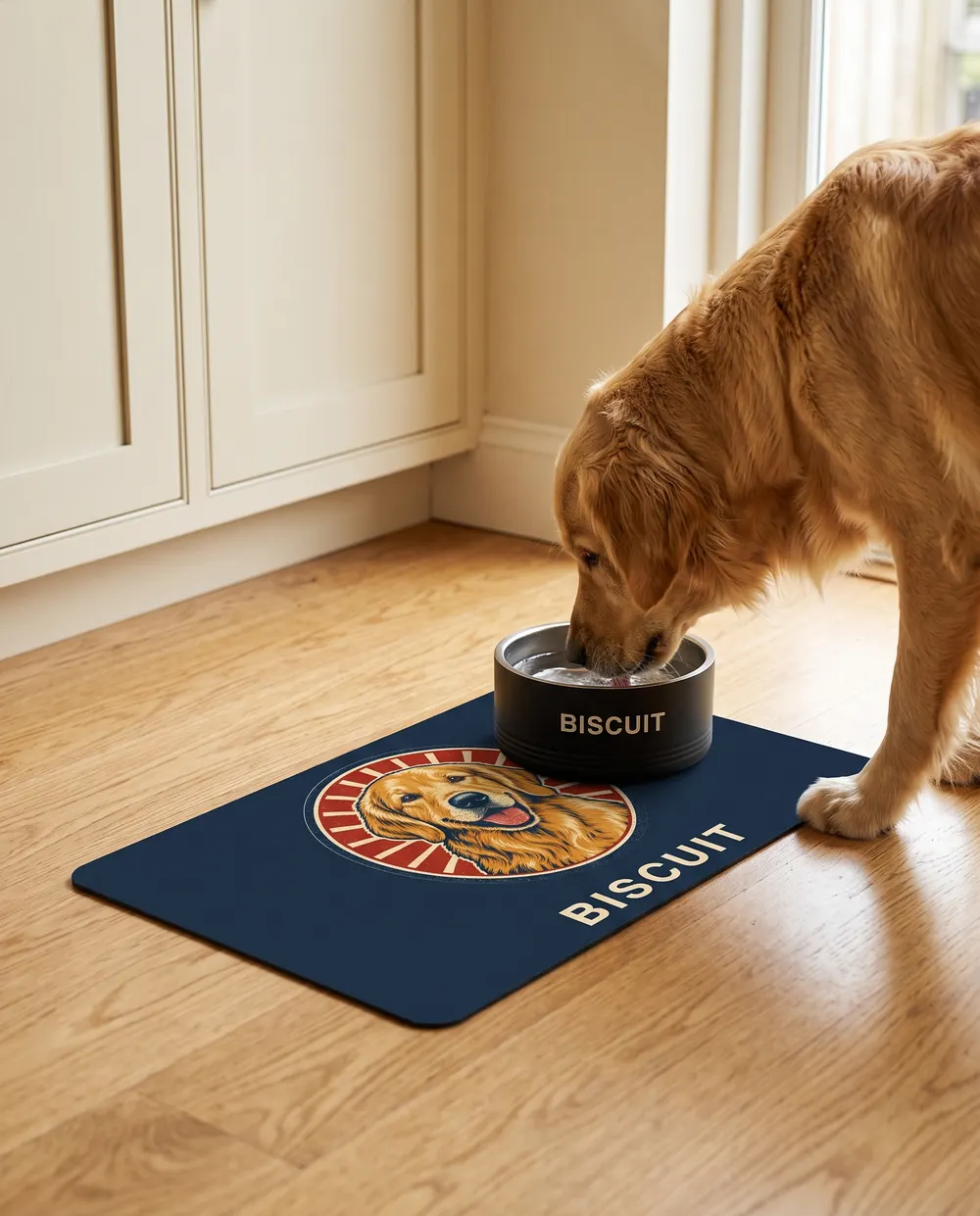 A golden retriever drinking from a bowl on the bowl mat