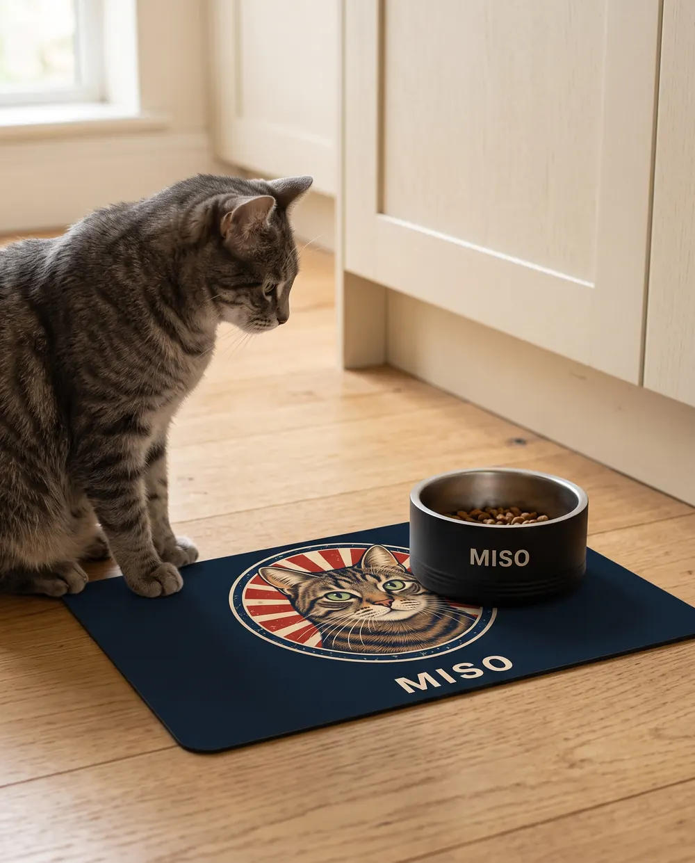 A tabby cat beside its bowl on the bowl mat