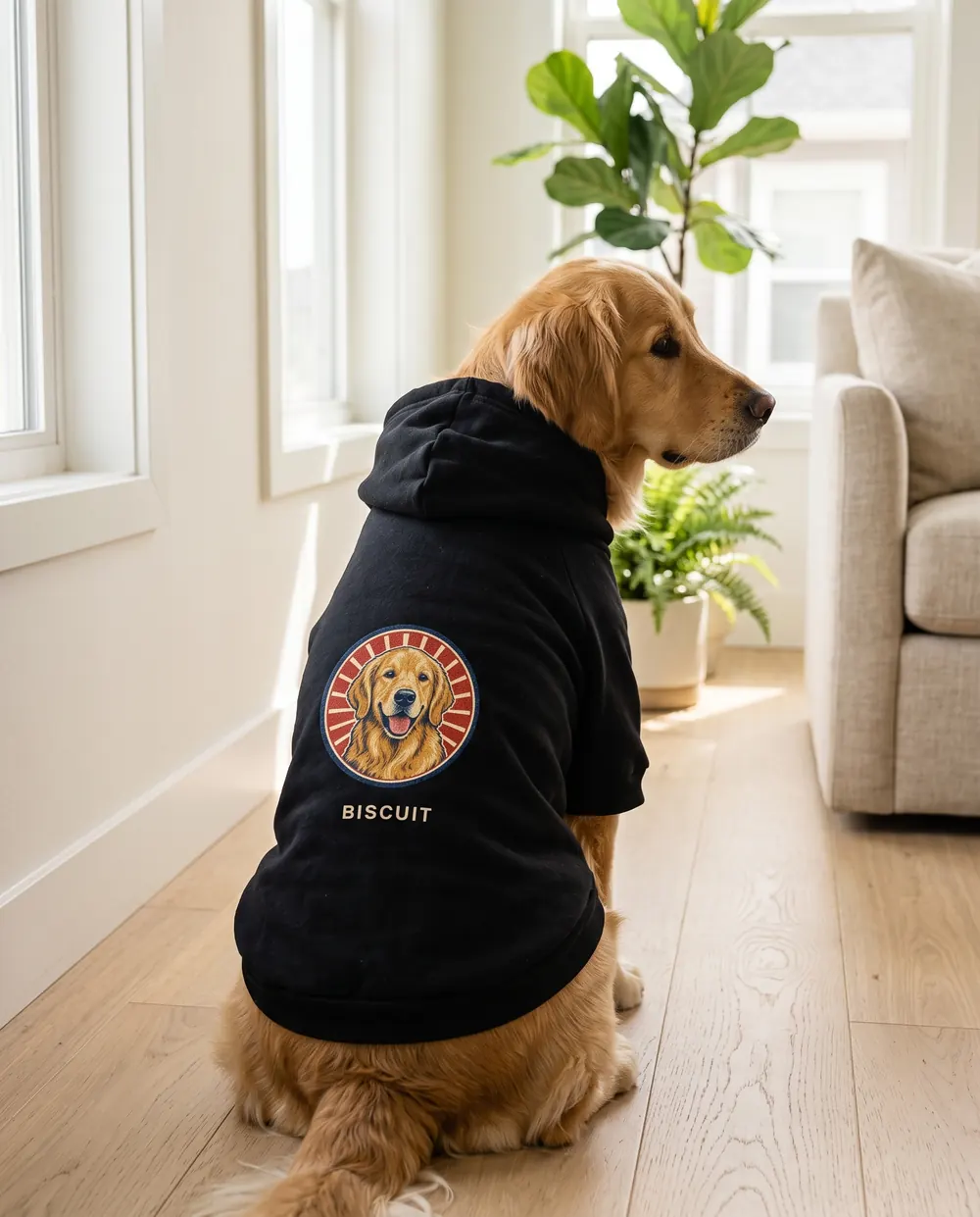 A golden retriever wearing the hoodie, seen from behind