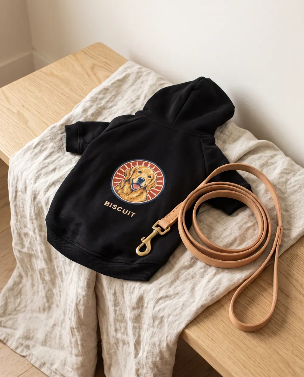 The dog hoodie laid flat, print side up