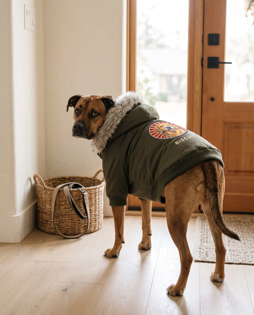 A dog wearing the parka by the front door, seen from behind
