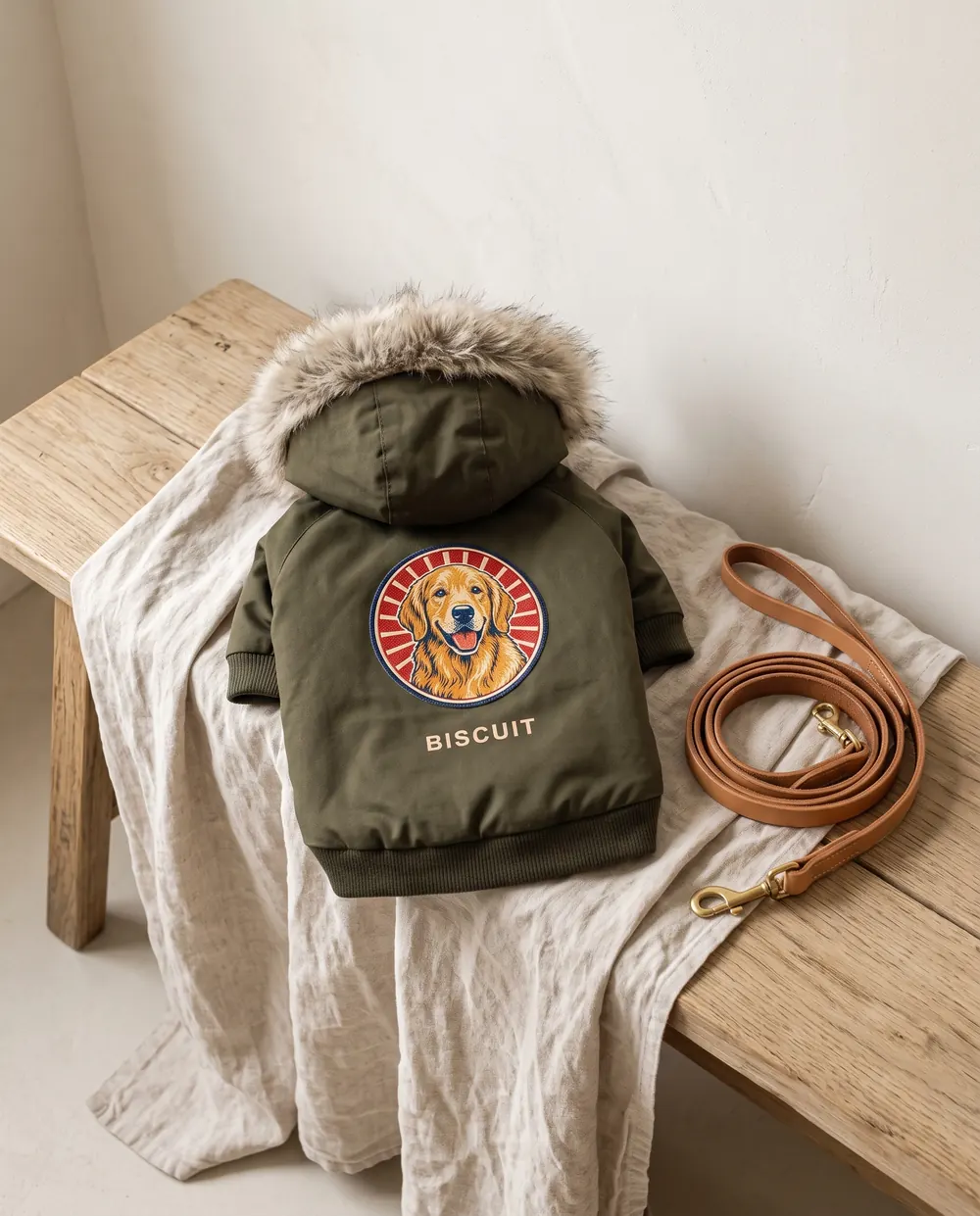 The dog parka laid flat, print side up