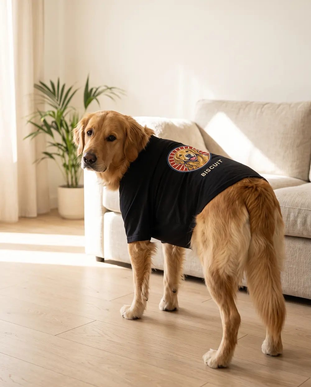 A golden retriever wearing the raglan tee, seen from behind