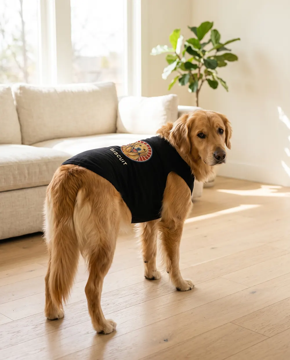 A golden retriever wearing the tank top, seen from behind